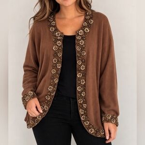 VTG JUST B Brown Floral Glass Beaded Coquette Cardigan Sweater XL